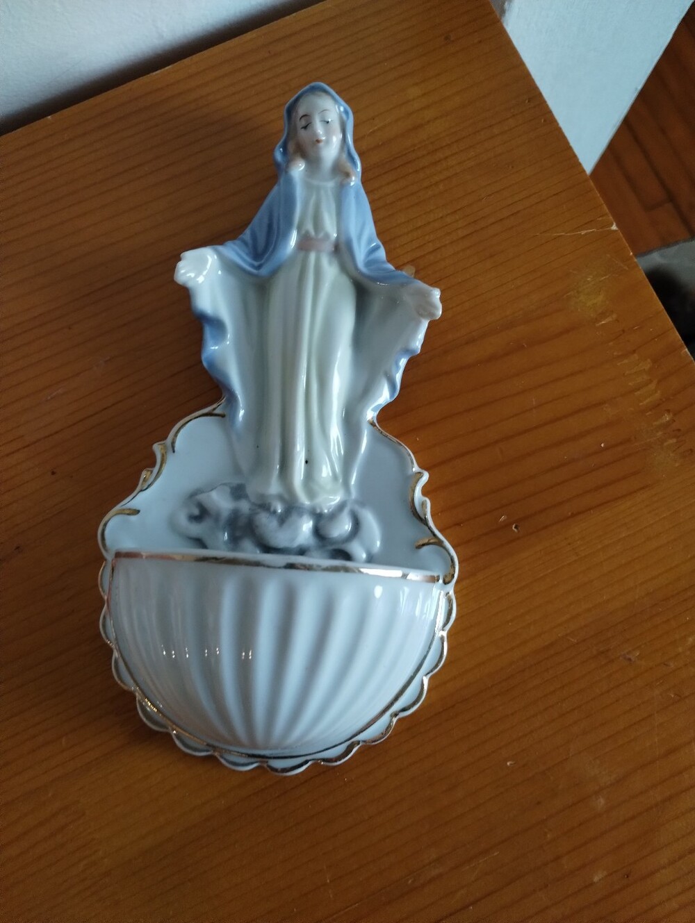 Japan Porcelain Virgin Mary Holy Water Font - Blue and White